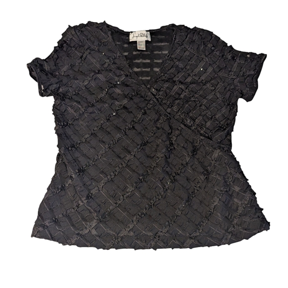 Joseph Ribkoff Black Shirred Ruffled & Sequined Short Sleeve Formal Blouse, 16 - Picture 1 of 6